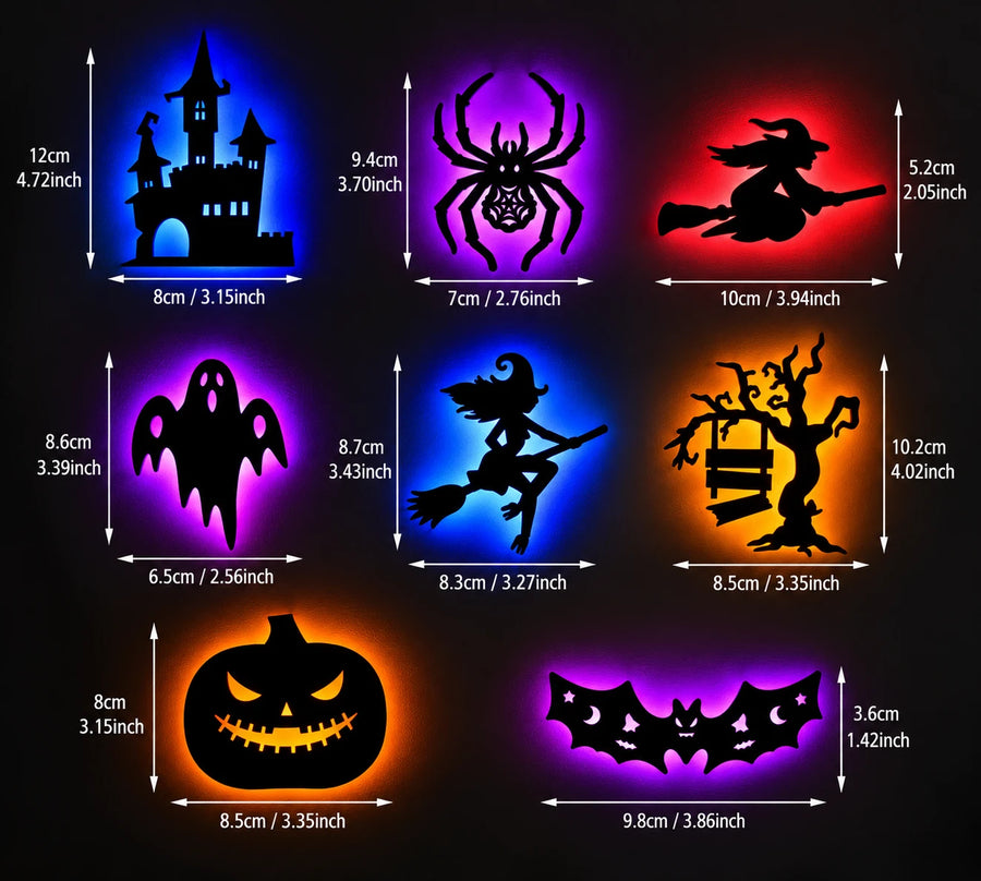 All 8 designs shown glowing, with the size of each