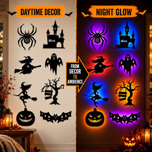 Daytime decor vs night glow comparison of Halloween silhouette wall lights